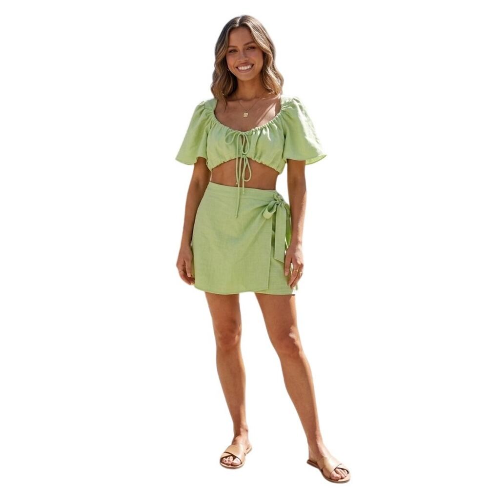 Ciao Lucia Crop Top Wrap Skirt Set S Green Puff Sleeve Summer Resort Coquette